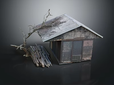 Weathered Wooden House Exterior With Rustic Metal Roof Stacked Planks And Dead Branch 3d model
