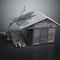 Weathered Wooden House Exterior With Rustic Metal Roof Stacked Planks And Dead Branch