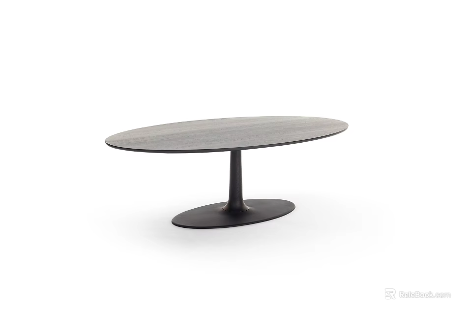 Modern Oval Dining Table With Smooth Wooden Top and Black Pedestal Base in Sleek Style 3d model 