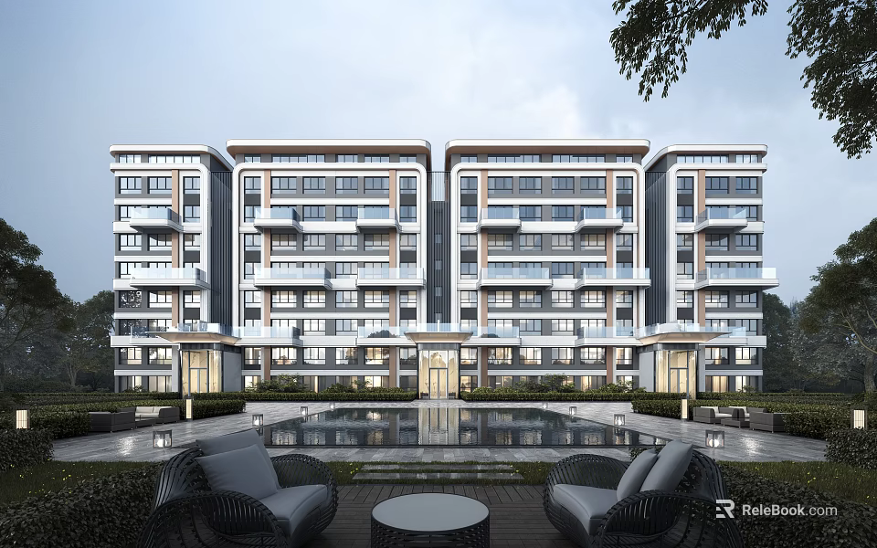 Modern Multi Story Residential Building With Water Pool Outdoor Seating And Trees 3d model 