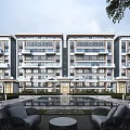 Modern Multi Story Residential Building With Water Pool Outdoor Seating And Trees