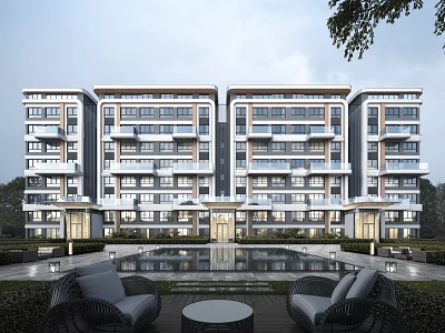 Modern Multi Story Residential Building With Water Pool Outdoor Seating And Trees 3d model