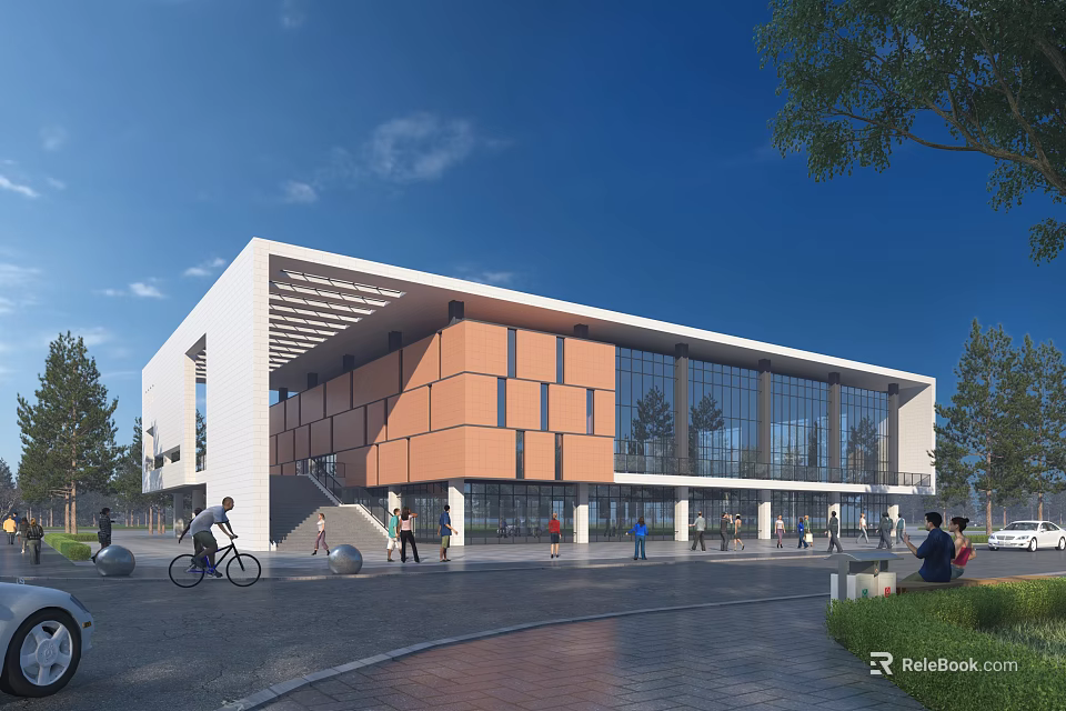 Modern Public Building Exterior Featuring Glass Facade Orange White Panels Pedestrians Bicyclists And Trees In Plaza 3d model 