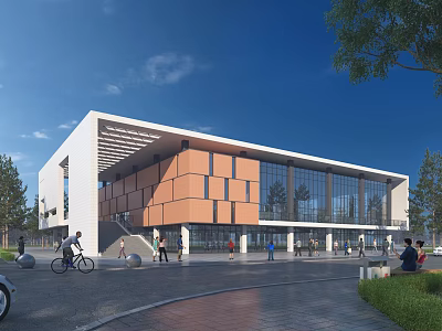 Modern Public Building Exterior Featuring Glass Facade Orange White Panels Pedestrians Bicyclists And Trees In Plaza 3d model