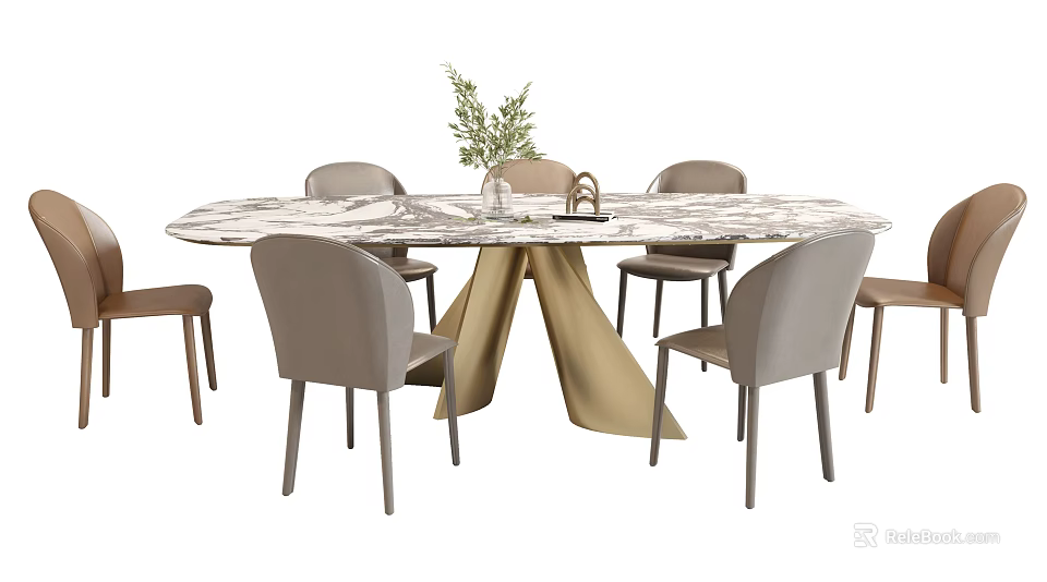 Modern Round Dining Table Set With Marble Tabletop Golden Base And Light Gray Chairs 3d model