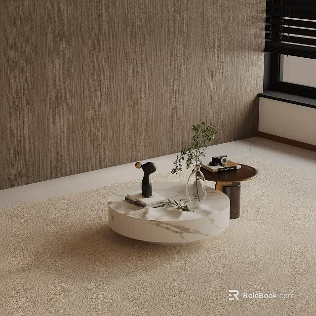Modern Sofa and Coffee Table Set with Round Marble Table Green Plant on Beige Rug 3d model 