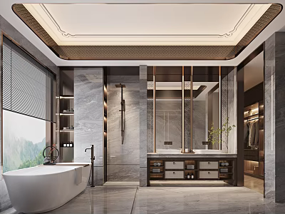 Modern Bathroom Interior With Freestanding Bathtub Double Vanity Marble Walls And Large Mirror 3d model