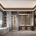 Modern Bathroom Interior With Freestanding Bathtub Double Vanity Marble Walls And Large Mirror