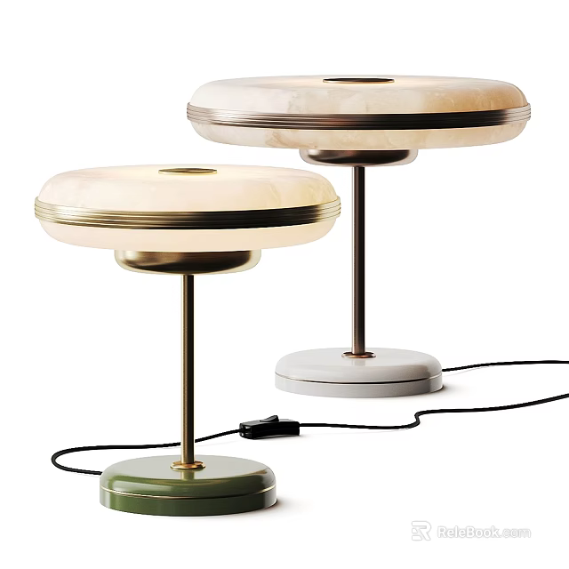 Two Modern Table Lamps With Round Shades Metal Stands Green And White Marble Bases 3d model 