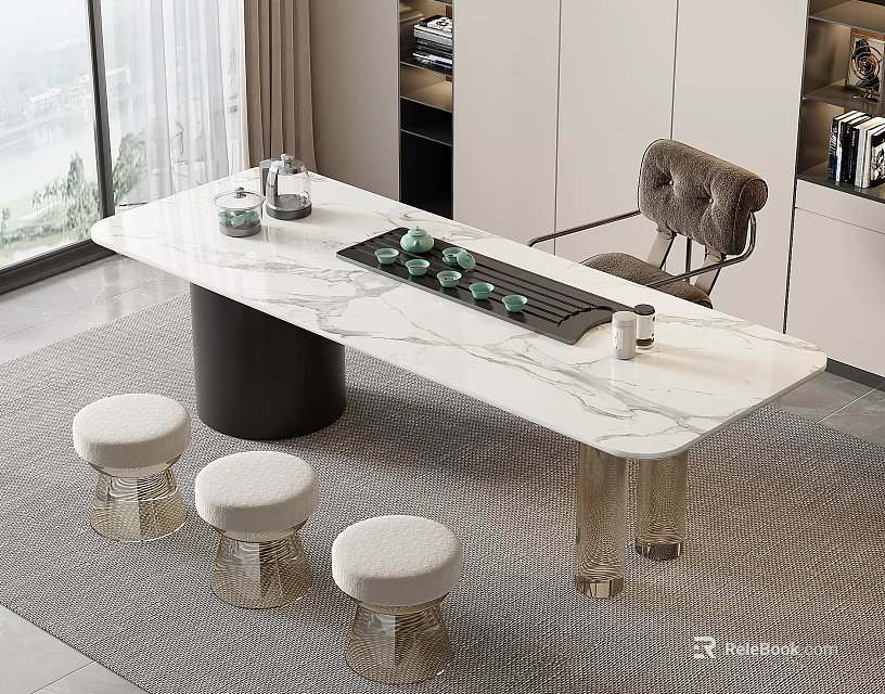 Modern Tea Table With Marble Top Black Base And Upholstered Round Stools Gray Chair 3d model
