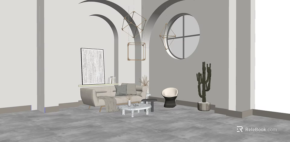 Modern Sofa and Coffee Table Set with Arched Design Hanging Lamps Round Window and Cactus 3d model 