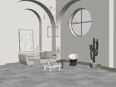 Modern Sofa and Coffee Table Set with Arched Design Hanging Lamps Round Window and Cactus 3d model