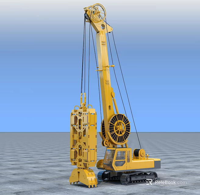 Yellow Construction Crane With Long Boom Hook And Cab For Lifting Operations 3d model