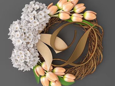 Woven Decorative Wreath With White Flowers Pink Tulips Beige Ribbon And Natural Base 3d model