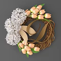 Woven Decorative Wreath With White Flowers Pink Tulips Beige Ribbon And Natural Base