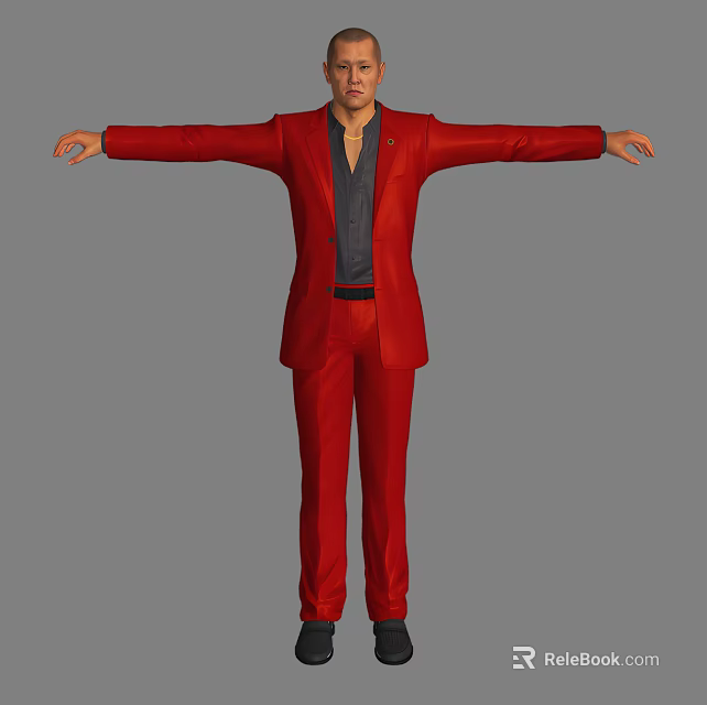 Man in Red Formal Suit Full Body Standing with Arms Outstretched on Grey Background 3d model 