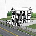 Modern Three Story White Detached Villa With Balconies And Walled Gate Surrounded By Green Trees