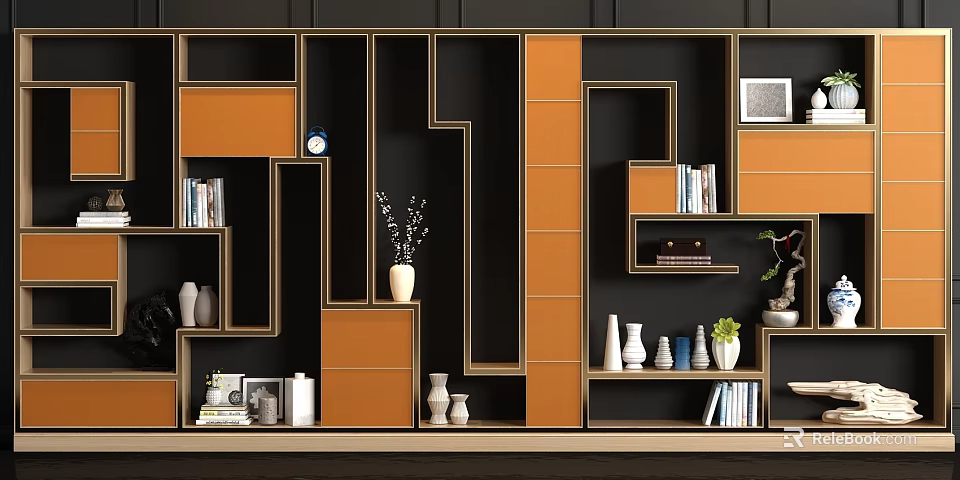 Modern Geometric Bookcase Design With Black and Orange Shelves Featuring Books Vases and Photo Frames 3d model 