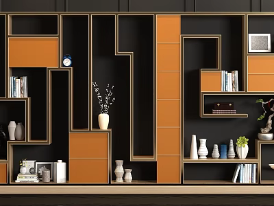 Modern Geometric Bookcase Design With Black and Orange Shelves Featuring Books Vases and Photo Frames 3d model