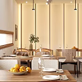 Modern Restaurant Interior With Wooden Tables Chairs Hanging Lights Plants And Open Space