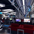 Modern Cyber Cafe Interior With Gaming Computers Red Sofas And Lighting 3d model