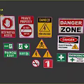 Safety Warning Signs With Restricted Access Private Property Danger High Voltage Exit And First Aid