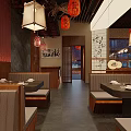 Traditional Hotpot Restaurant Interior With Red Lanterns And Wooden Dining Tables