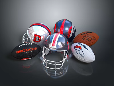 Denver Broncos Football Helmets And Sports Balls Display Collection Set 3d model