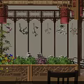 Traditional Chinese Restaurant Interior With Wooden Tables Chairs Flower Decorations And Traditional Decorative Paintings