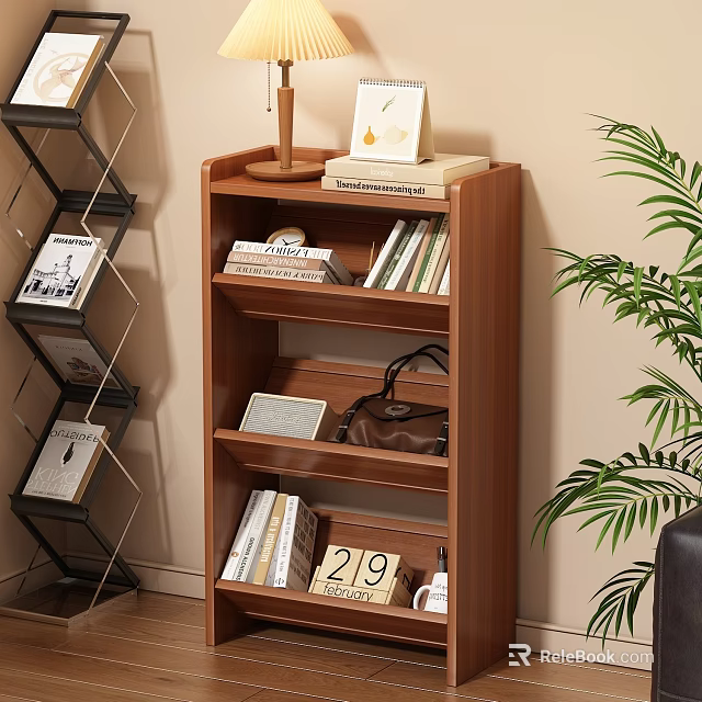 Brown Multi Tiered Bookcase with Books Calendar Lamp Photo Frame and Green Plant 3d model 