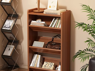 Brown Multi Tiered Bookcase with Books Calendar Lamp Photo Frame and Green Plant 3d model