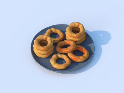 Golden Fried Onion Rings Stacked On Blue Plate With Crispy Texture 3d model