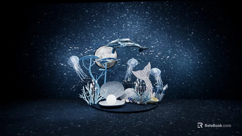 Starry Night Themed Paper Art Installation With Moon Dolphin Jellyfish And Coral 3d model 