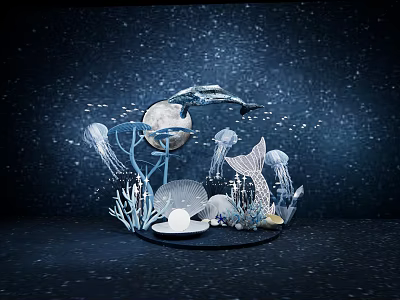 Starry Night Themed Paper Art Installation With Moon Dolphin Jellyfish And Coral 3d model