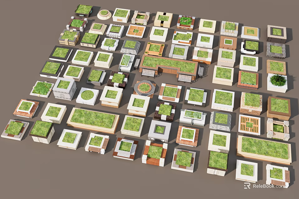 Various Tree Pit Designs With Different Shapes Materials And Grass Covered Tops 3d model