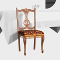 Wooden Dining Chair With Carved Backrest Red Floral Pattern Upholstered Seat Fringe Trim