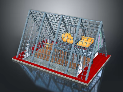 Modern Architectural Structure With Metal Grid Yellow Seats And Red Base Design 3d model