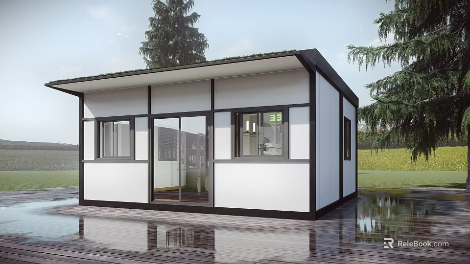 Modern Container Building Featuring White Exterior Black Frame Large Windows And Glass Door 3d model 
