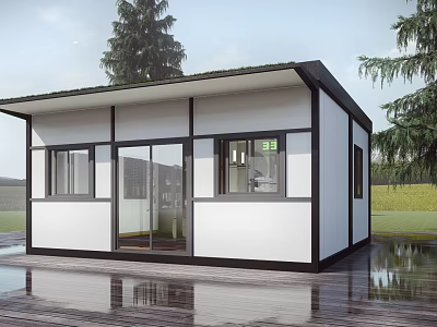 Modern Container Building Featuring White Exterior Black Frame Large Windows And Glass Door 3d model