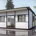 Modern Container Building Featuring White Exterior Black Frame Large Windows And Glass Door