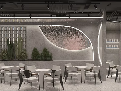 Modern Hotel Mahjong Room Interior With White Tables Chairs Green Plants And Wall Decor 3d model