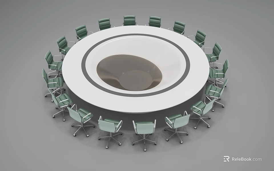 Round White Conference Table Surrounded by Green Swivel Chairs With Central Hollow Design 3d model 