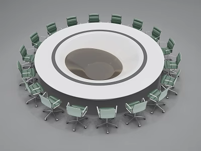 Round White Conference Table Surrounded by Green Swivel Chairs With Central Hollow Design 3d model