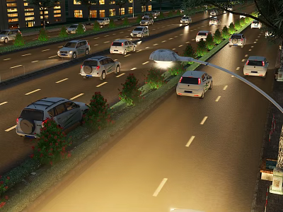 Busy Commercial Street at Night with Moving Vehicles Illuminated Street Lights Trees and Buildings 3d model