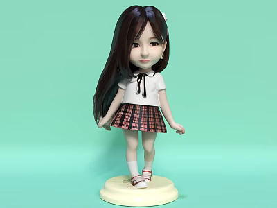 Cute Doll With Long Black Hair White Shirt Plaid Skirt Red Shoes On White Base 3d model