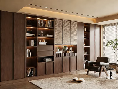 Modern Wooden Bookcase With Multiple Shelves And Decorative Items In Living Room Interior 3d model