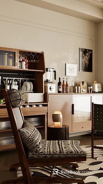 Modern Dining Kitchen Area With Cabinets Wine Bottles Coffee Machine And Decorative Paintings 3d model 