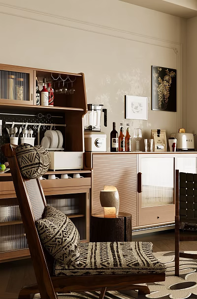 Modern Dining Kitchen Area With Cabinets Wine Bottles Coffee Machine And Decorative Paintings 3d model