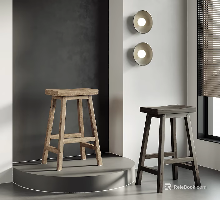 Wooden Bar Stools Light And Dark Against Grey Wall With Round Lights And Window Blinds 3d model 