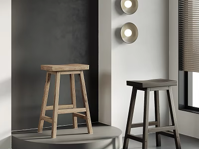 Wooden Bar Stools Light And Dark Against Grey Wall With Round Lights And Window Blinds 3d model